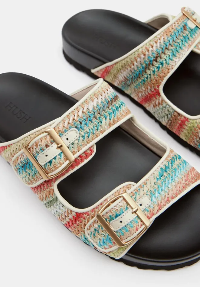 Hush Sandals Women Raffia Buckle Footbed Sandals Multi Colour Stripe Hush Sandals Women Raffia Buckle Footbed Sandals Multi Colour Stripe