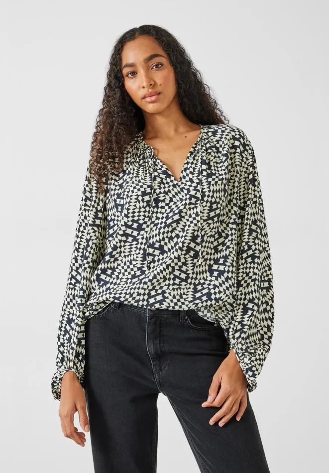 Hush Shirts and Blouses Women Hartley Gathered Sleeve Printed Top Mini Geo Black