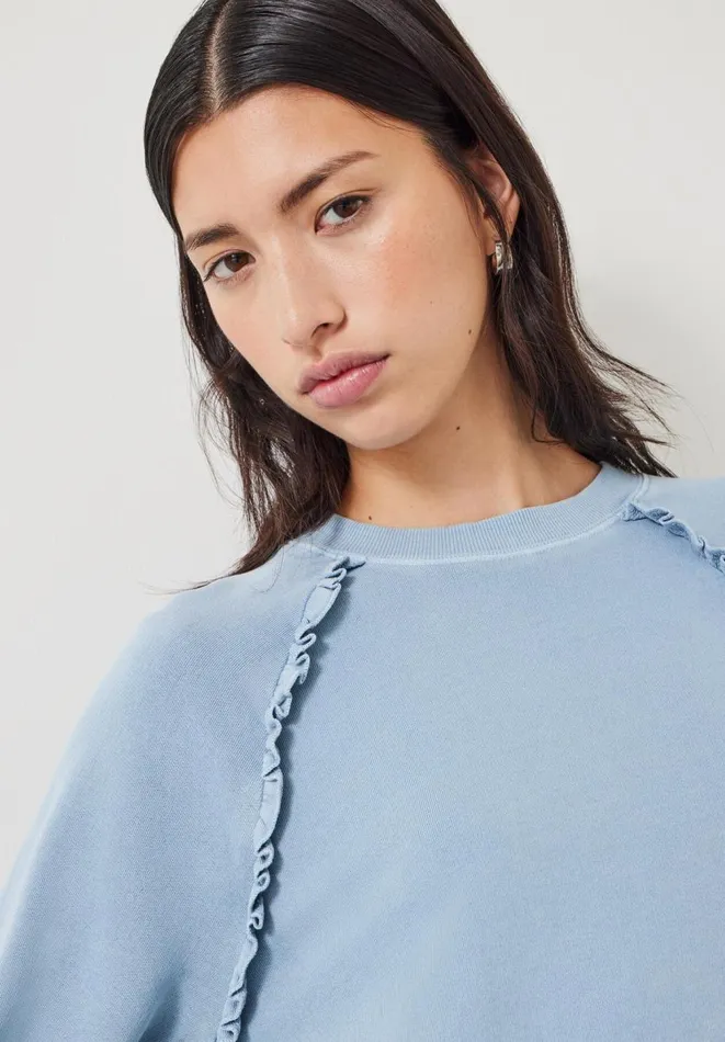 Hush Sweatshirts and Hoodies Women Amayah Cotton Ruffle Detail Sweatshirt Dusty Blue Hush Sweatshirts and Hoodies Women Amayah Cotton Ruffle Detail Sweatshirt Dusty Blue