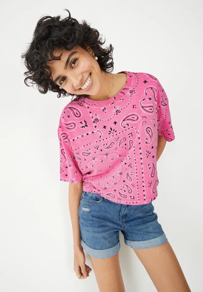 Hush Tops and Tshirts Women Bandana Cotton Cropped TShirt Pink