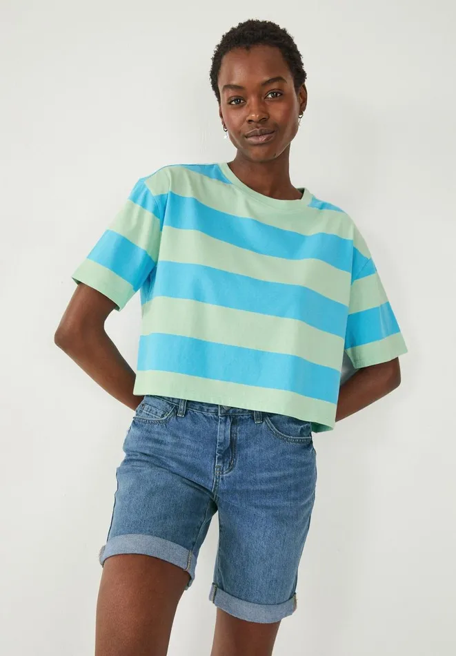 Hush Tops and Tshirts Women Boxy Stripe TShirt Blue Green Stripe
