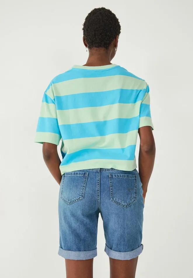 Hush Tops and Tshirts Women Boxy Stripe TShirt Blue Green Stripe Hush Tops and Tshirts Women Boxy Stripe TShirt Blue Green Stripe