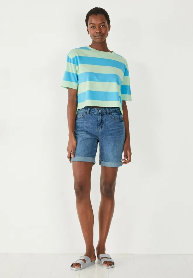 Hush Tops and Tshirts Women Boxy Stripe TShirt Blue Green Stripe Hush Tops and Tshirts Women Boxy Stripe TShirt Blue Green Stripe