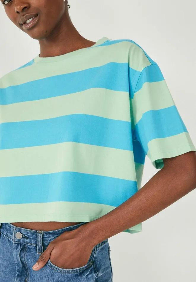 Hush Tops and Tshirts Women Boxy Stripe TShirt Blue Green Stripe Hush Tops and Tshirts Women Boxy Stripe TShirt Blue Green Stripe