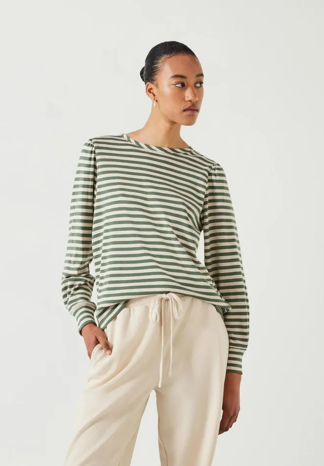 Hush Tops and Tshirts Women Emily Cotton Striped Puff Sleeve Top Moss Green