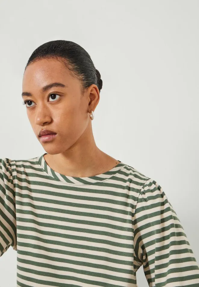 Hush Tops and Tshirts Women Emily Cotton Striped Puff Sleeve Top Moss Green