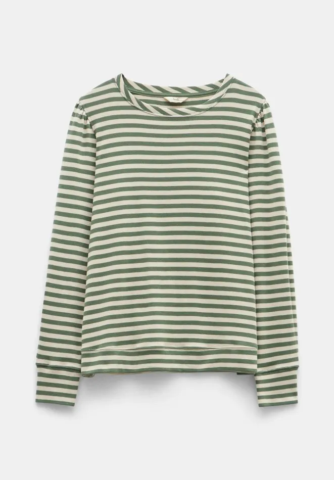 Hush Tops and Tshirts Women Emily Cotton Striped Puff Sleeve Top Moss Green