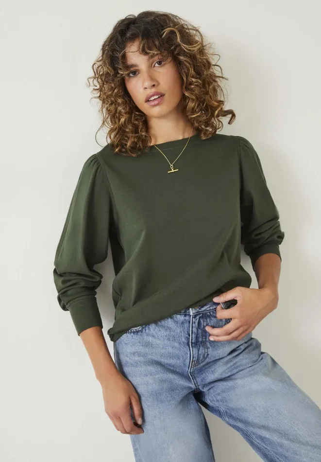 Hush Tops and Tshirts Women Emily Puff Sleeve Jersey Top Dark Khaki Hush Tops and Tshirts Women Emily Puff Sleeve Jersey Top Dark Khaki