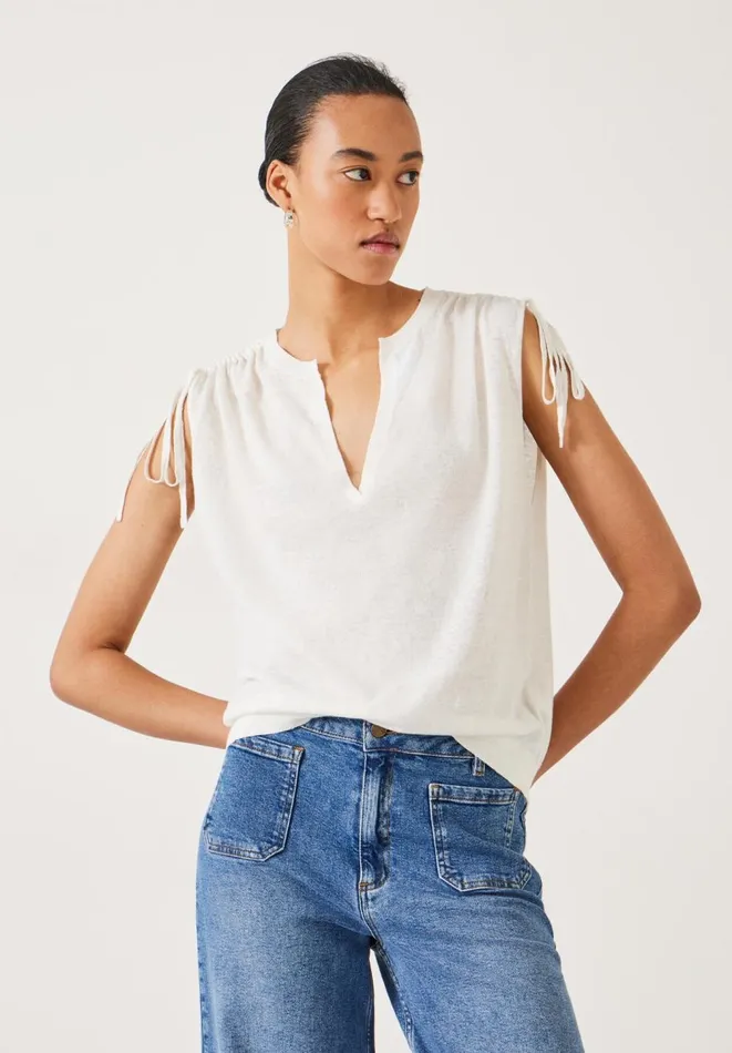 Hush Tops and Tshirts Women Lizzie Ruched Shoulder Linen Knit Vest White