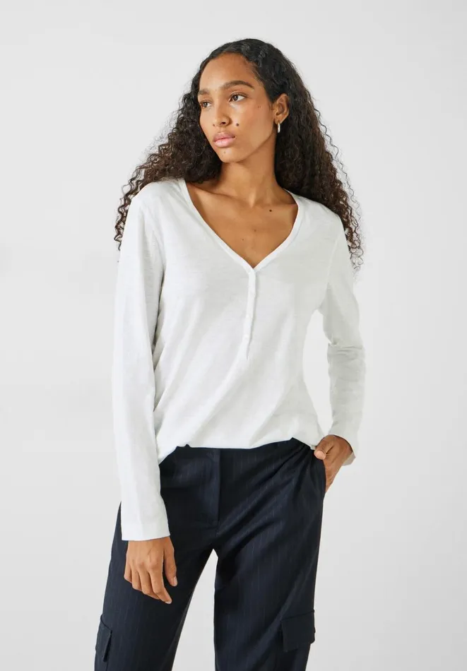 Hush Tops and Tshirts Women Long Sleeve Henley Top White
