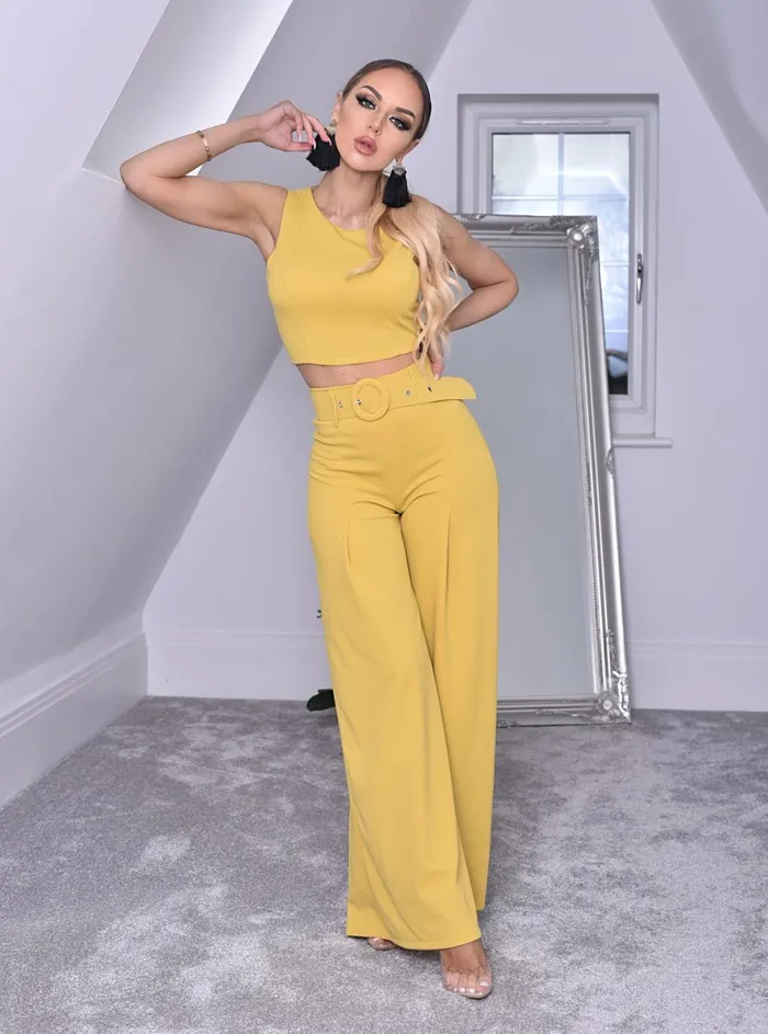 Imogen Saffron Crop Top And Belted Palazzo CoOrd Set Women Missfiga CoOrds