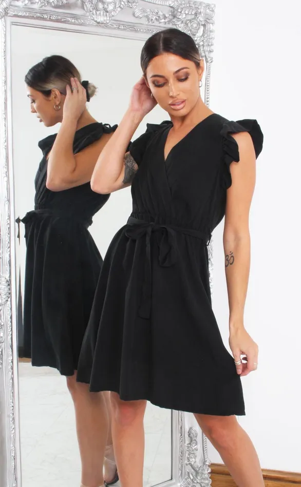 Joyce Black Wrap Ruffle Sleeve Skater Dress Women Missfiga Wrap Dresses