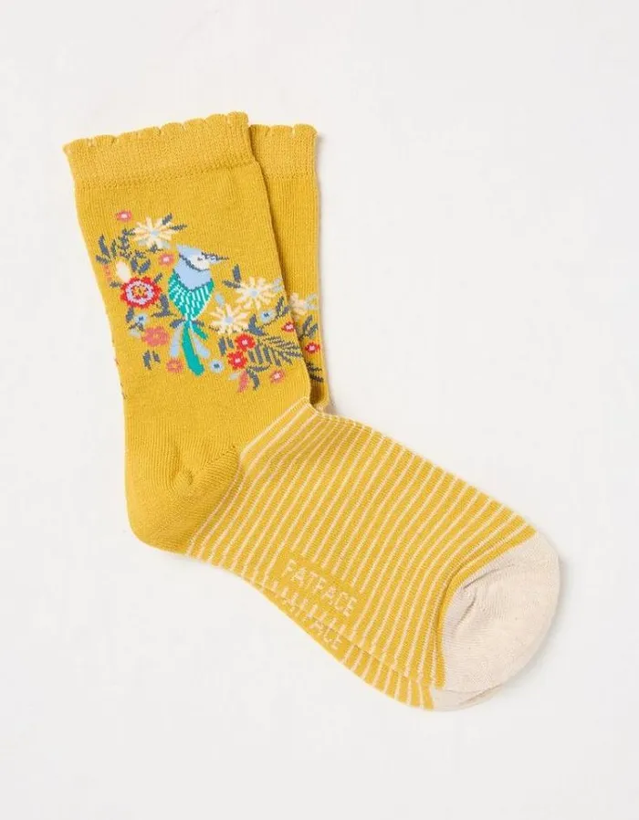 Kids FatFace Buy 2 Get 1 Free Socks 1 Pack Floral Bird Sock Golden Yellow