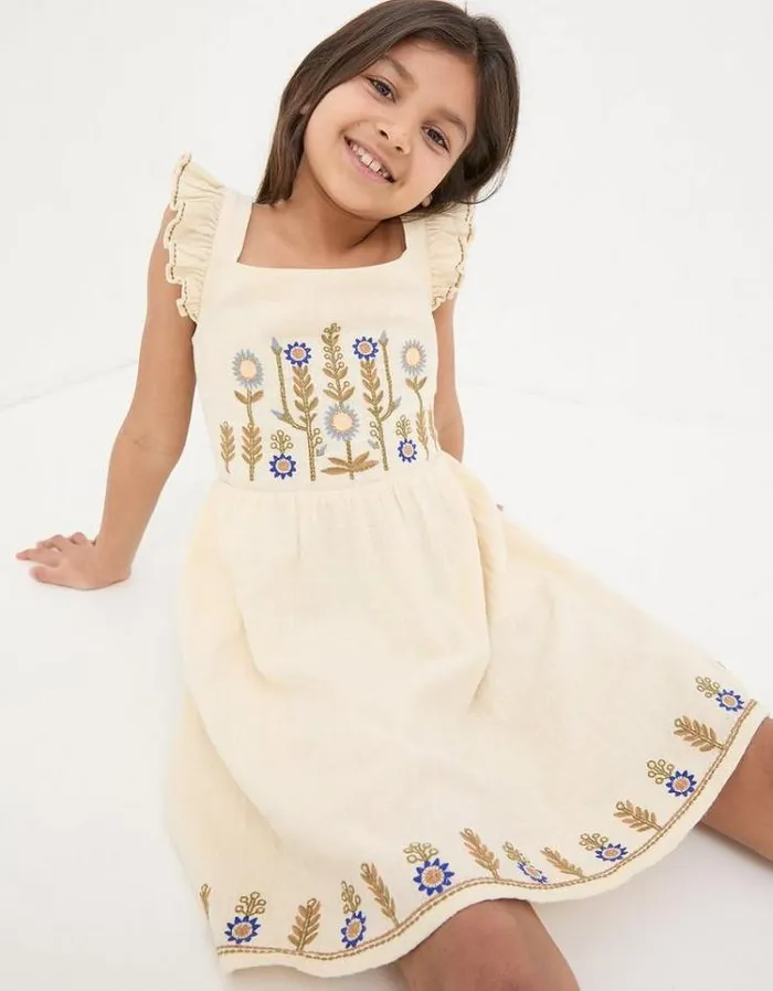 Kids FatFace Dresses and Skirts Embroidered Strappy Dress Natural White