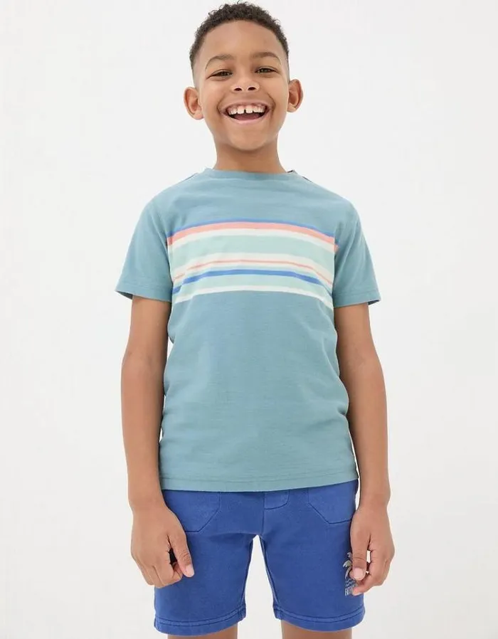 Kids FatFace Mini Me Outfits Chest Stripe Jersey TShirt Light Teal Blue
