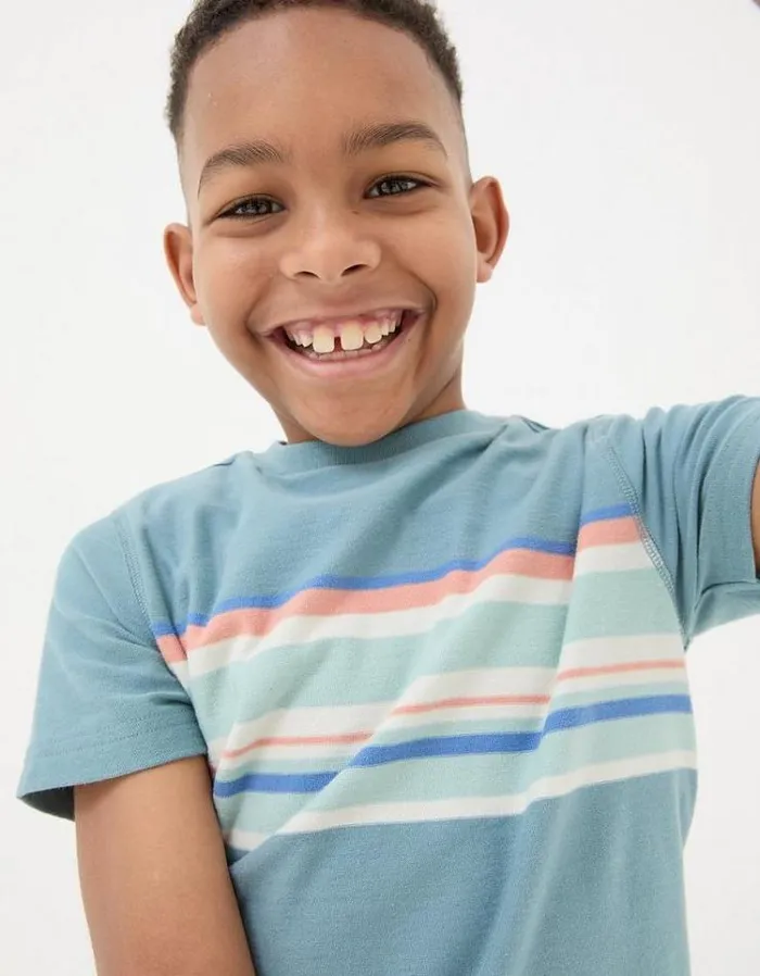 Kids FatFace Mini Me Outfits Chest Stripe Jersey TShirt Light Teal Blue
