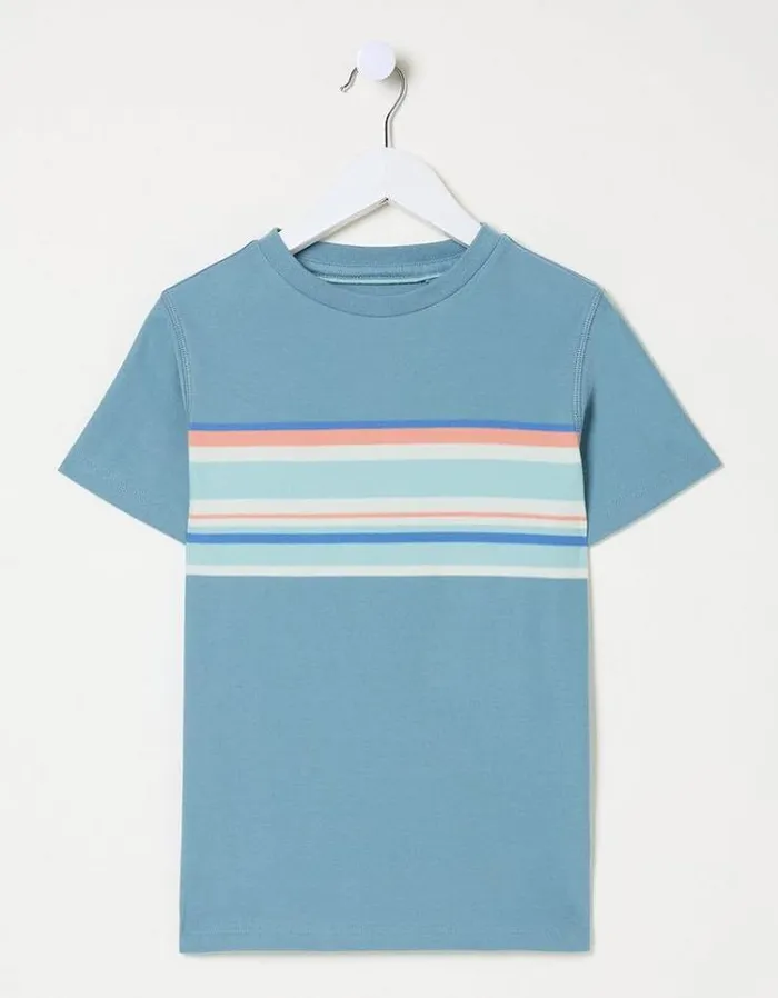 Kids FatFace Mini Me Outfits Chest Stripe Jersey TShirt Light Teal Blue