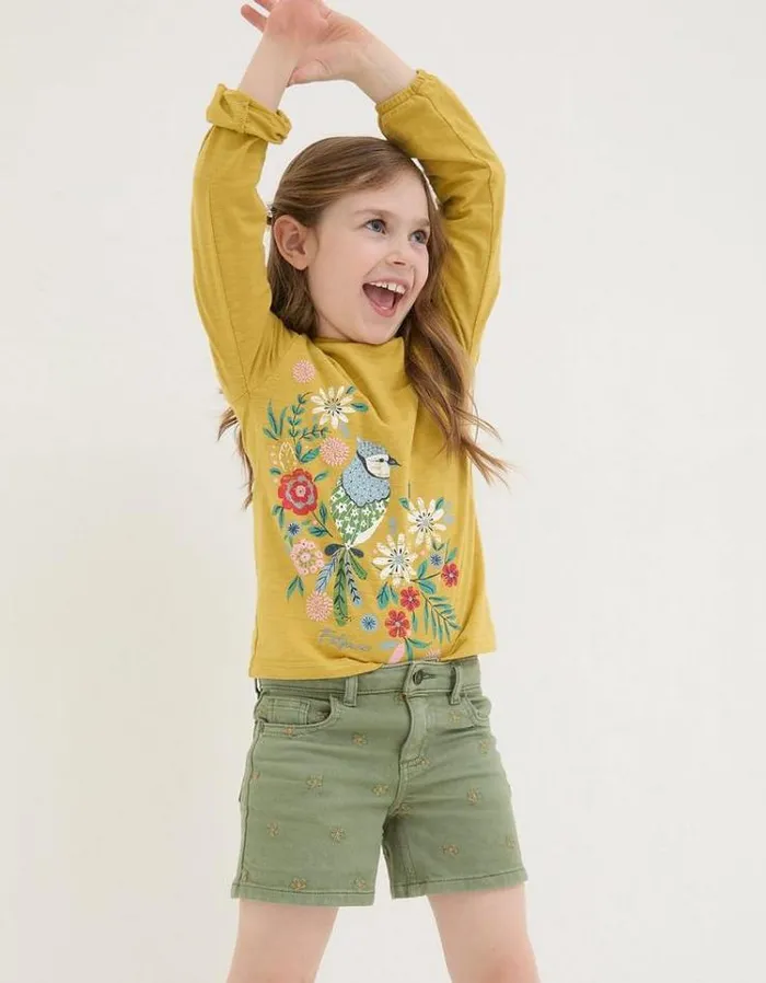 Kids FatFace Shorts Daisy Embroidered Denim Shorts Khaki Green