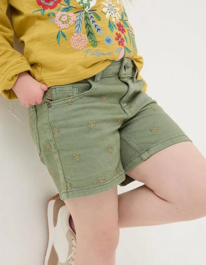 Kids FatFace Shorts Daisy Embroidered Denim Shorts Khaki Green