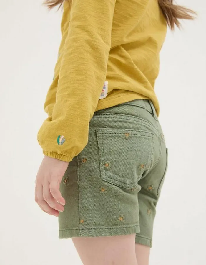 Kids FatFace Shorts Daisy Embroidered Denim Shorts Khaki Green