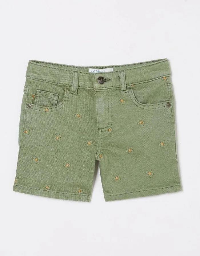 Kids FatFace Shorts Daisy Embroidered Denim Shorts Khaki Green