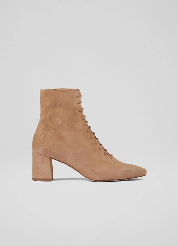LKBennett Boots Women Arabella Tan Suede Lace Up Ankle Boots