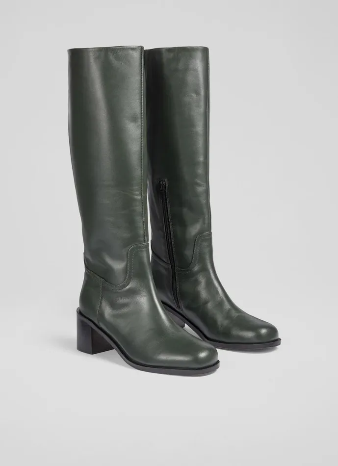 LKBennett Boots Women Claude Dark Green Block Heel Rounded Square Toe LKBennett Boots Women Claude Dark Green Block Heel Rounded Square Toe