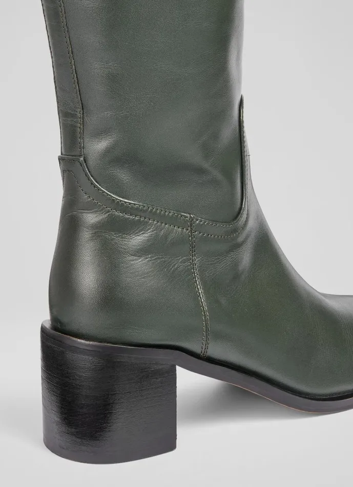 LKBennett Boots Women Claude Dark Green Block Heel Rounded Square Toe LKBennett Boots Women Claude Dark Green Block Heel Rounded Square Toe