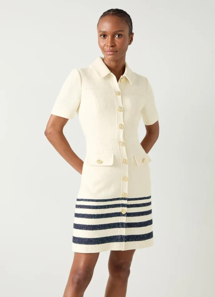 LKBennett Dresses Women Bellmer Cream and Spring Navy Stripe Placement Tweed Dress