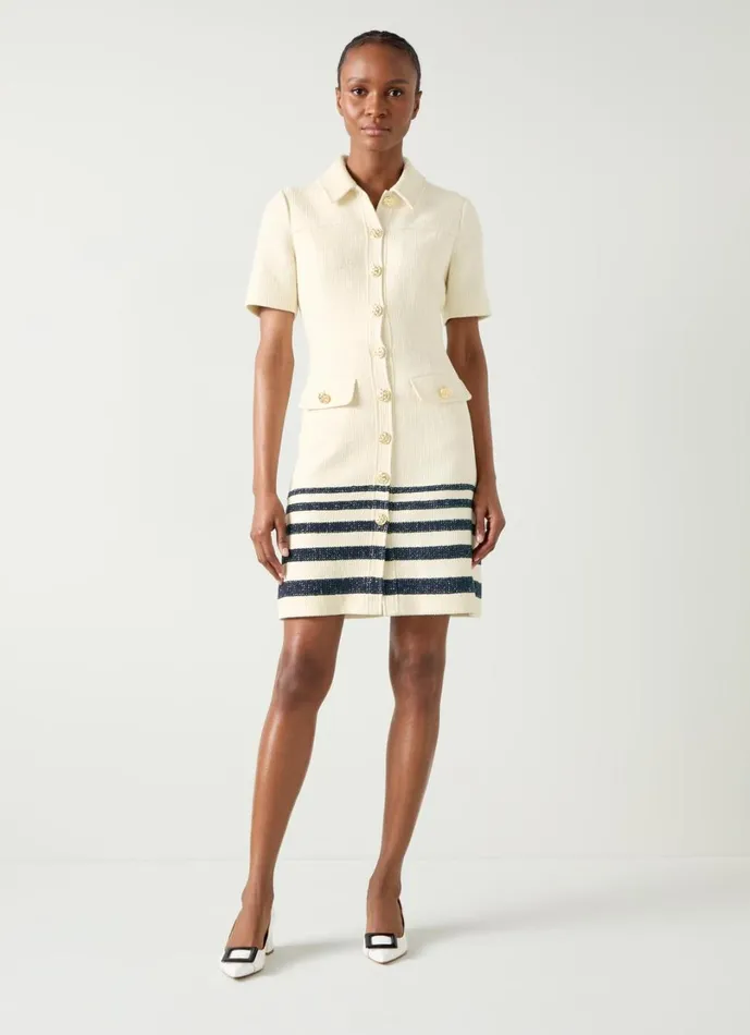 LKBennett Dresses Women Bellmer Cream and Spring Navy Stripe Placement Tweed Dress LKBennett Dresses Women Bellmer Cream and Spring Navy Stripe Placement Tweed Dress