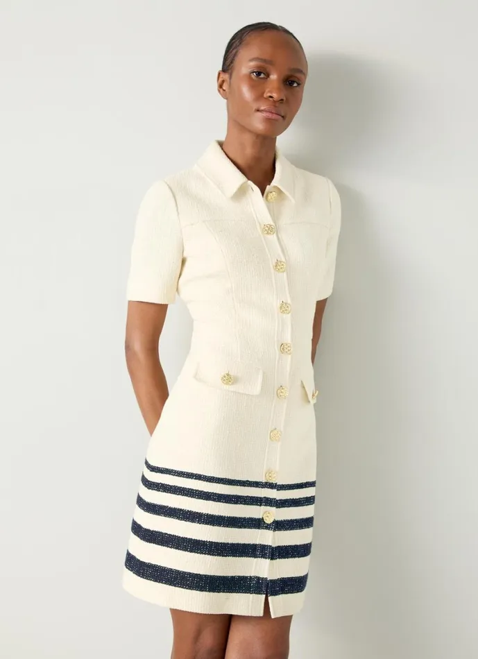 LKBennett Dresses Women Bellmer Cream and Spring Navy Stripe Placement Tweed Dress LKBennett Dresses Women Bellmer Cream and Spring Navy Stripe Placement Tweed Dress