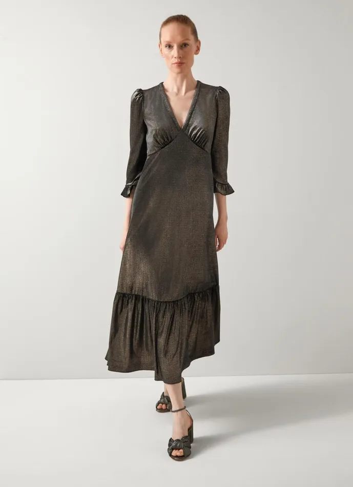 LKBennett Dresses Women Deborah Black and Gold VNeck Maxi Dress With Peplum And Frill Cufff