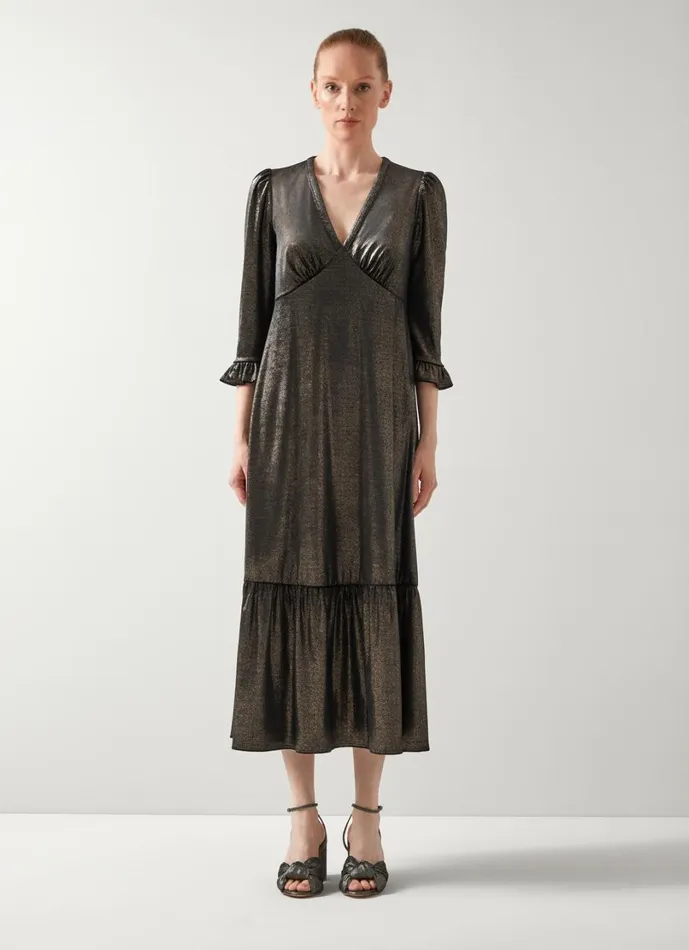 LKBennett Dresses Women Deborah Black and Gold VNeck Maxi Dress With Peplum And Frill Cufff LKBennett Dresses Women Deborah Black and Gold VNeck Maxi Dress With Peplum And Frill Cufff