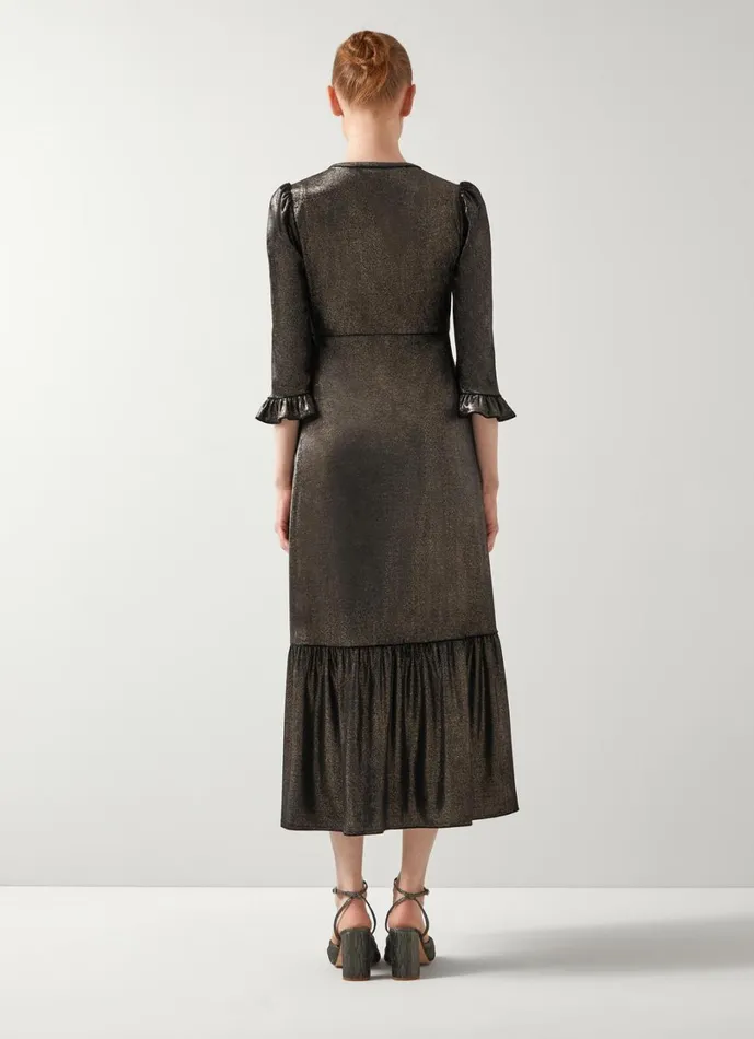 LKBennett Dresses Women Deborah Black and Gold VNeck Maxi Dress With Peplum And Frill Cufff LKBennett Dresses Women Deborah Black and Gold VNeck Maxi Dress With Peplum And Frill Cufff