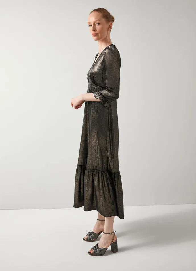 LKBennett Dresses Women Deborah Black and Gold VNeck Maxi Dress With Peplum And Frill Cufff LKBennett Dresses Women Deborah Black and Gold VNeck Maxi Dress With Peplum And Frill Cufff