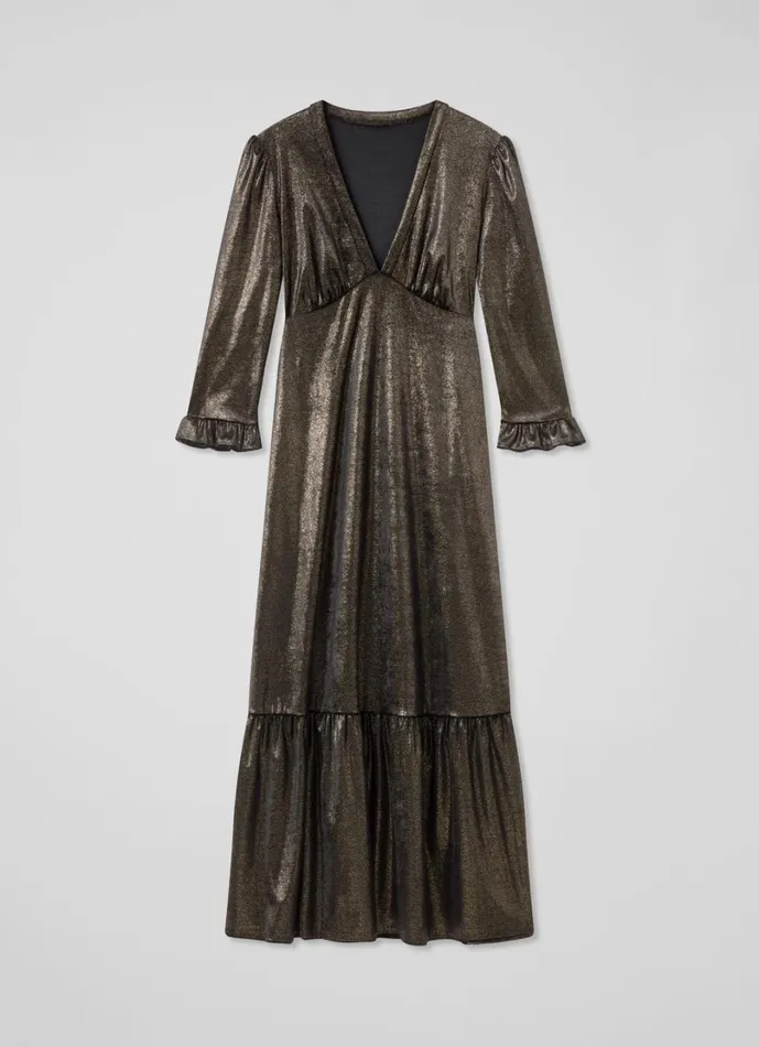 LKBennett Dresses Women Deborah Black and Gold VNeck Maxi Dress With Peplum And Frill Cufff LKBennett Dresses Women Deborah Black and Gold VNeck Maxi Dress With Peplum And Frill Cufff