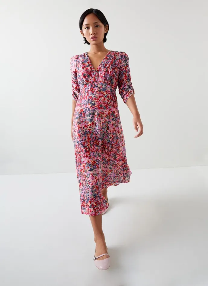 LKBennett Dresses Women Erin Petite Pink Multi Watercolour Floral Jacquard Dress