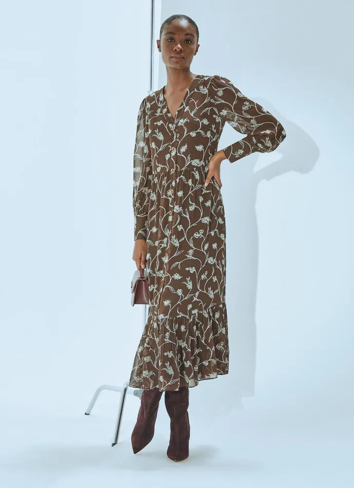 LKBennett Dresses Women Lucian Chocolate and Birch Tiered Dress LKBennett Dresses Women Lucian Chocolate and Birch Tiered Dress