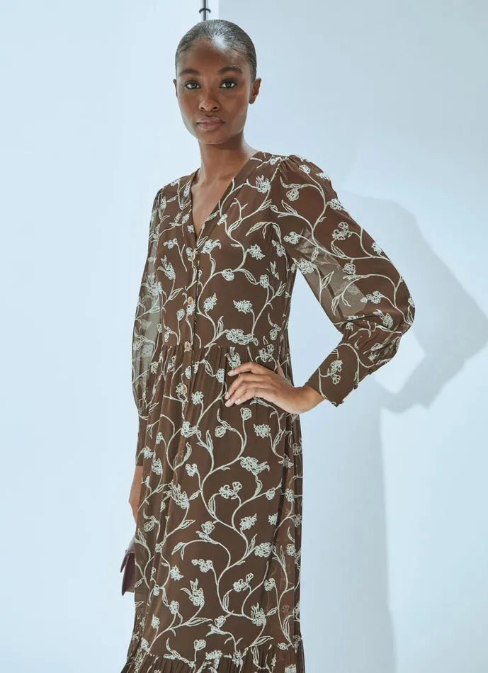 LKBennett Dresses Women Lucian Chocolate and Birch Tiered Dress LKBennett Dresses Women Lucian Chocolate and Birch Tiered Dress