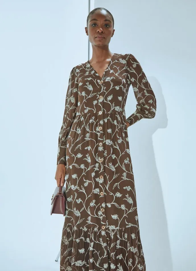 LKBennett Dresses Women Lucian Chocolate and Birch Tiered Dress LKBennett Dresses Women Lucian Chocolate and Birch Tiered Dress