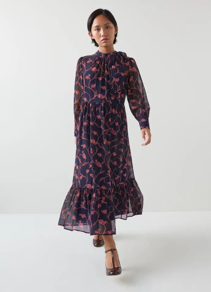 LKBennett Dresses Women Selina Petite Spring Navy and Bright Pink Print Dress