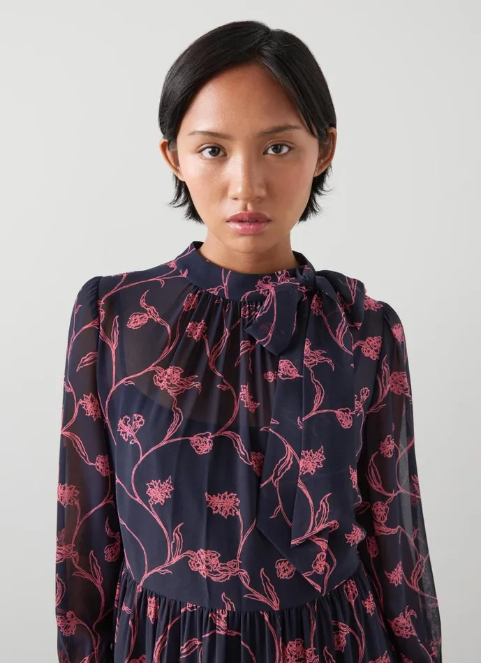 LKBennett Dresses Women Selina Petite Spring Navy and Bright Pink Print Dress LKBennett Dresses Women Selina Petite Spring Navy and Bright Pink Print Dress
