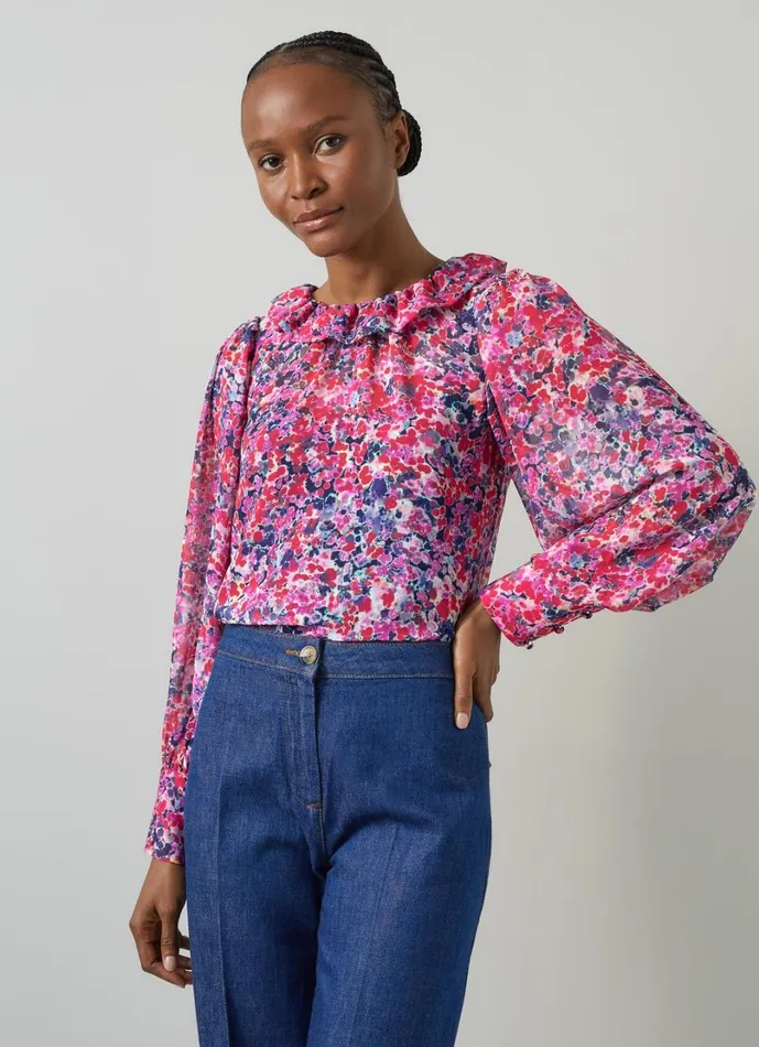 LKBennett Shirts And Blouses Women Erin Pink Multi Watercolor Floral Blouse