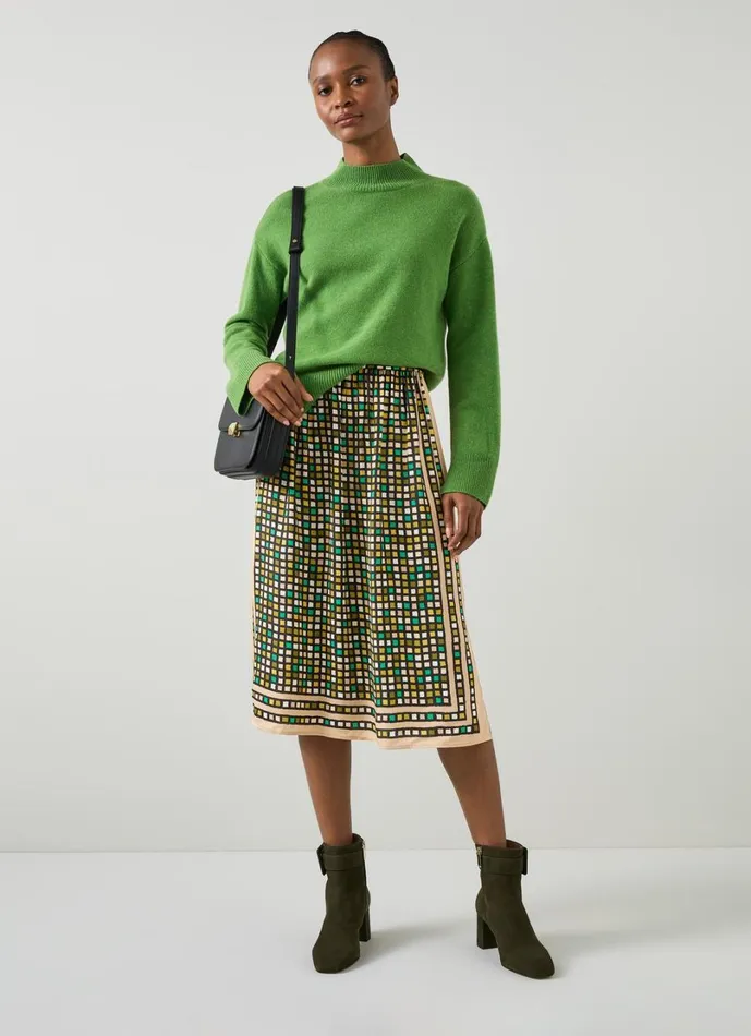 LKBennett Skirts Women Ethel Green And Beige Geometric Print Skirt LKBennett Skirts Women Ethel Green And Beige Geometric Print Skirt