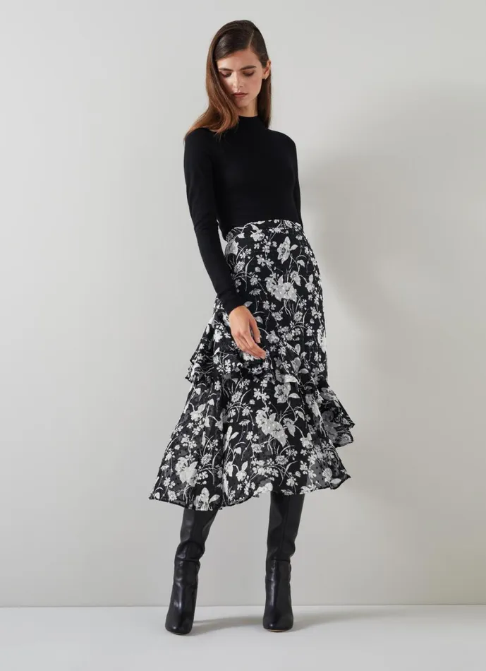 LKBennett Skirts Women Winona Black and Cream Mono Meadow Frill Detail Aysmetric Skirt