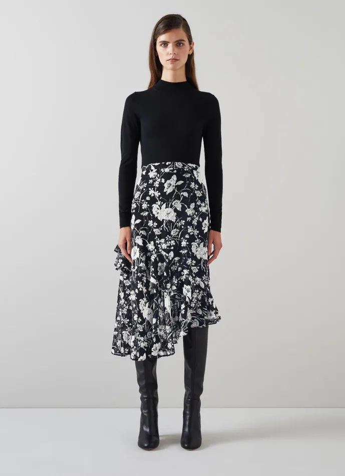 LKBennett Skirts Women Winona Black and Cream Mono Meadow Frill Detail Aysmetric Skirt LKBennett Skirts Women Winona Black and Cream Mono Meadow Frill Detail Aysmetric Skirt