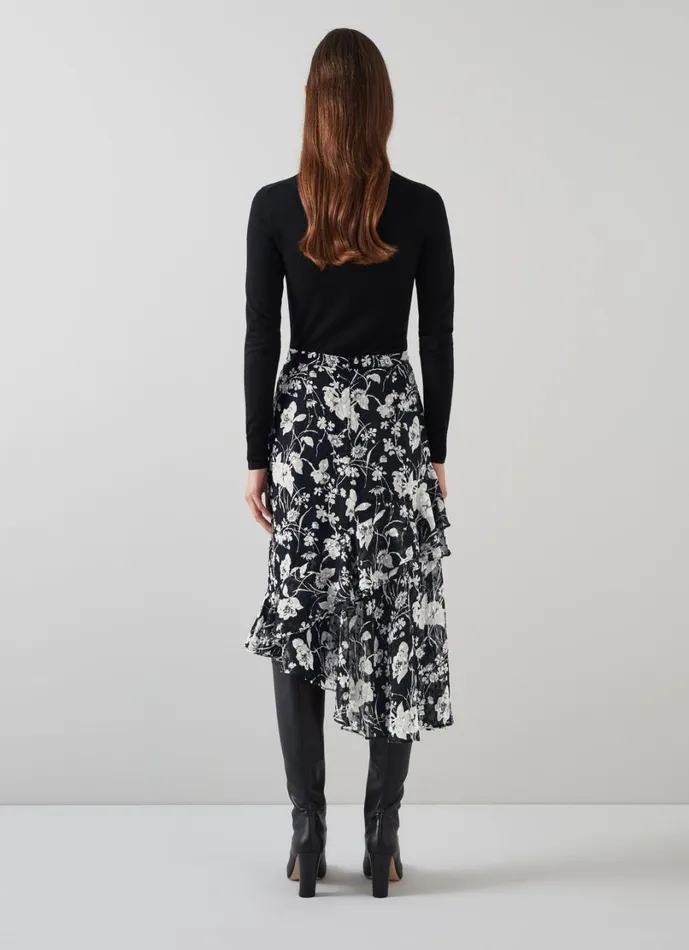 LKBennett Skirts Women Winona Black and Cream Mono Meadow Frill Detail Aysmetric Skirt LKBennett Skirts Women Winona Black and Cream Mono Meadow Frill Detail Aysmetric Skirt