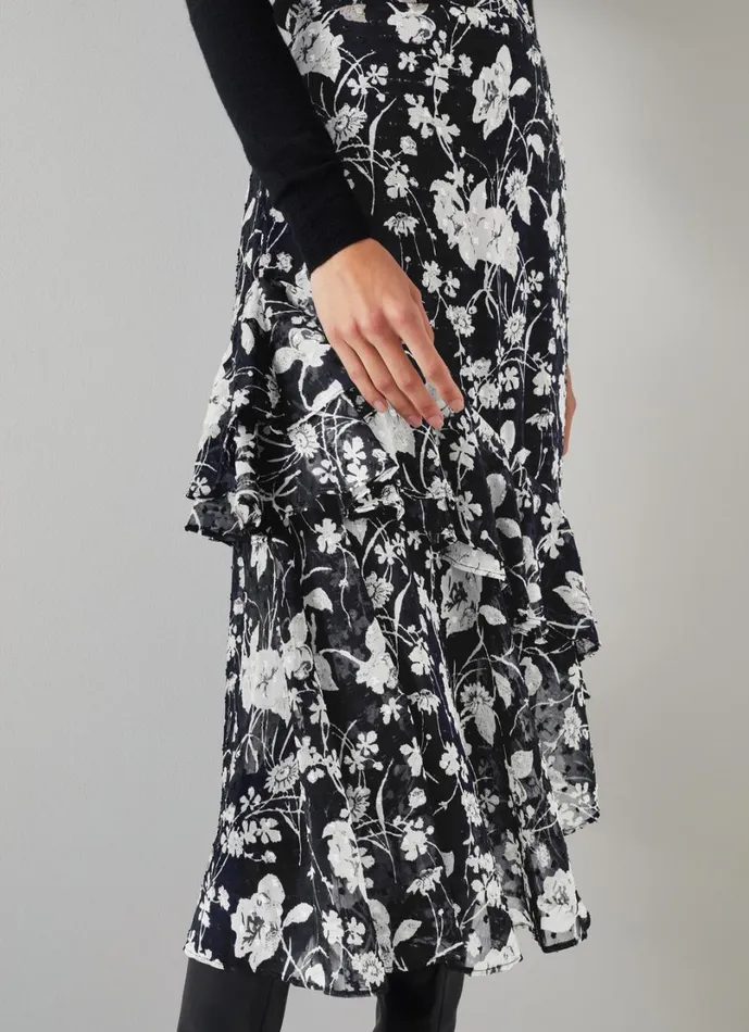 LKBennett Skirts Women Winona Black and Cream Mono Meadow Frill Detail Aysmetric Skirt LKBennett Skirts Women Winona Black and Cream Mono Meadow Frill Detail Aysmetric Skirt