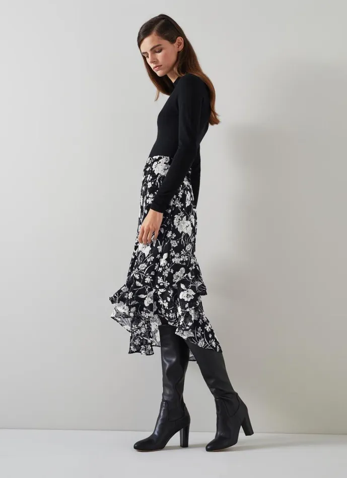 LKBennett Skirts Women Winona Black and Cream Mono Meadow Frill Detail Aysmetric Skirt LKBennett Skirts Women Winona Black and Cream Mono Meadow Frill Detail Aysmetric Skirt