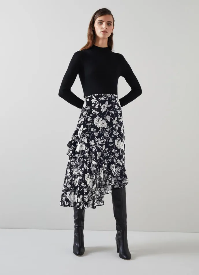 LKBennett Skirts Women Winona Black and Cream Mono Meadow Frill Detail Aysmetric Skirt LKBennett Skirts Women Winona Black and Cream Mono Meadow Frill Detail Aysmetric Skirt